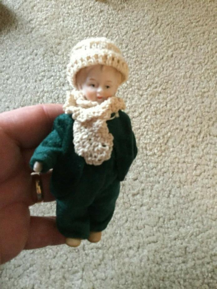 Doll Jointed Boy Bisque Porcelain Handmade Suit Green Velvet Crocheted Hat Scarf