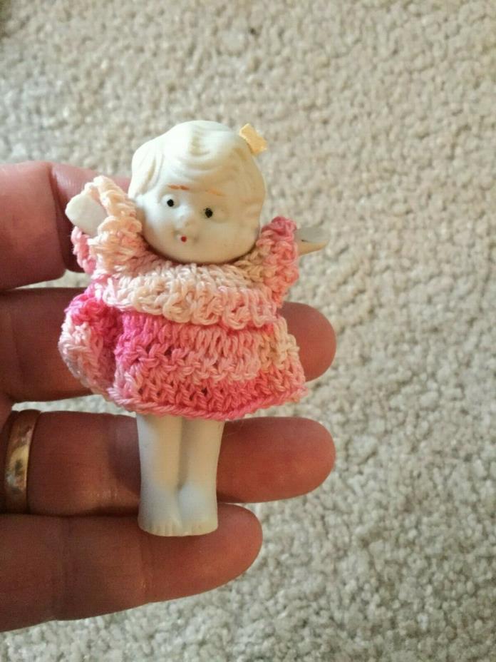 Doll Made in Japan White Bisque Girl Hand Crocheted Pink Dress Pink Painted Clot