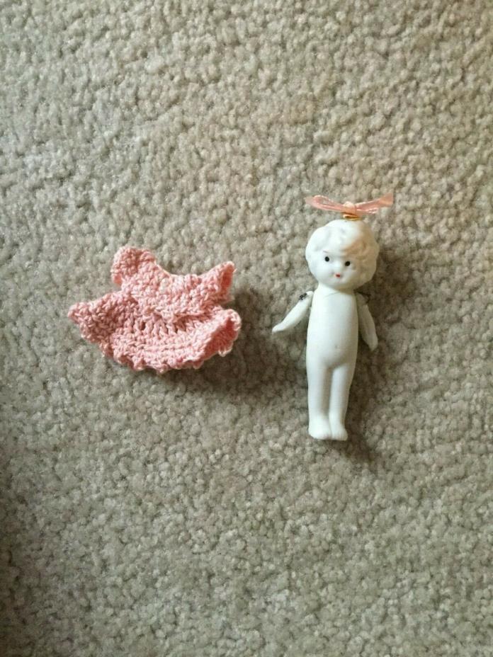 Doll Made in Japan Girl All White Bisque Arms Move Hand Crocheted Dress