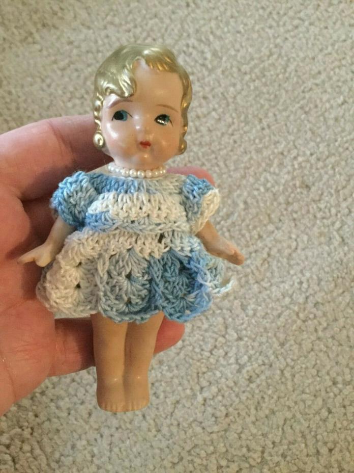 Doll Bisque Porcelain Gold Hair Hand Crocheted Dress Faux Pearls 5