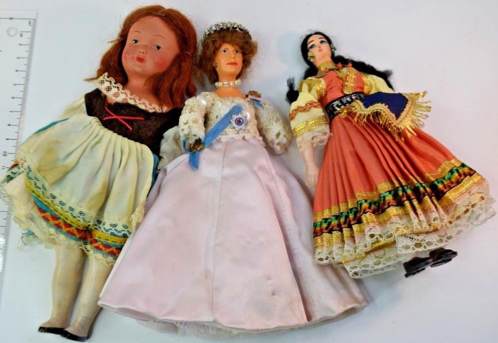 vintage 3 doll lot with queen with no arms