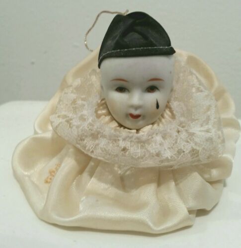 Antique Bisque Pierrot Head Ornament Doll Satin Lace Vintage Hand Painted Sad