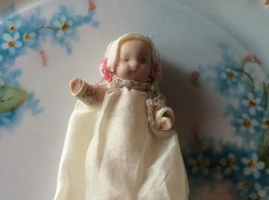 Antique German tiny 2” Pin Jointed Bisque Baby Doll in all Silk