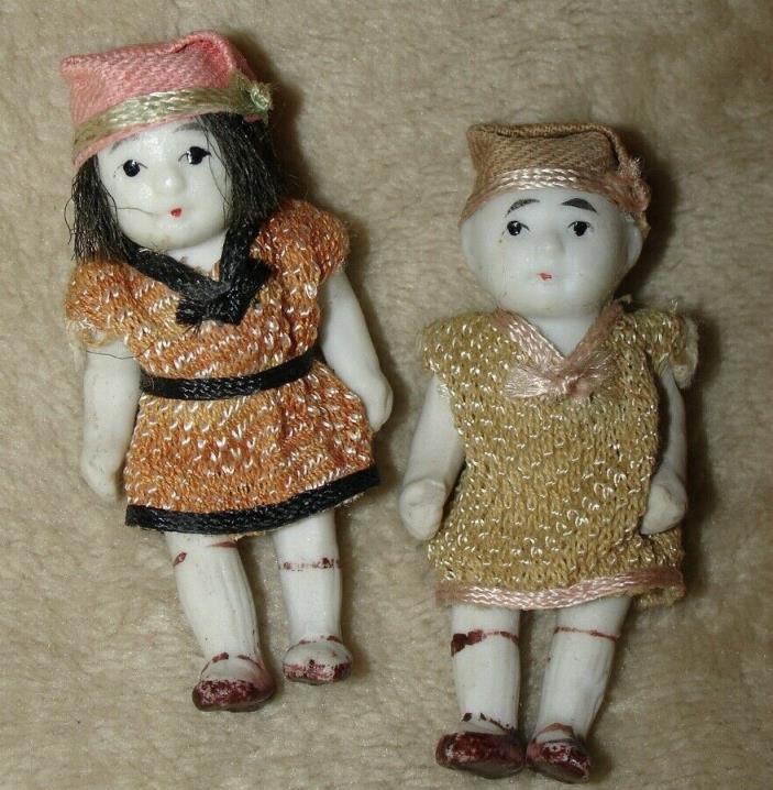 Tiny Antique Chinese Bisque Jointed Dolls with clothes, circa 1920's, 2.5 inches