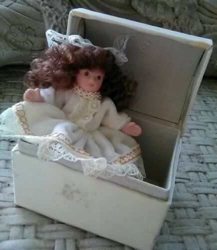 Vintage Miniature Collectible Bisque Doll In Matching Silk Chest