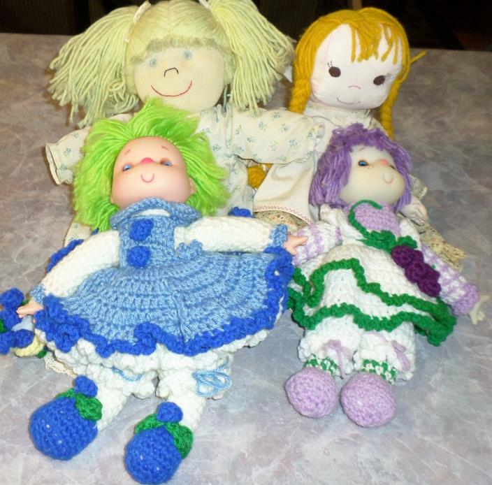 Lot Vintage Handmade Rag Dolls Dressed Crochet Clothing Primitive Country Plush