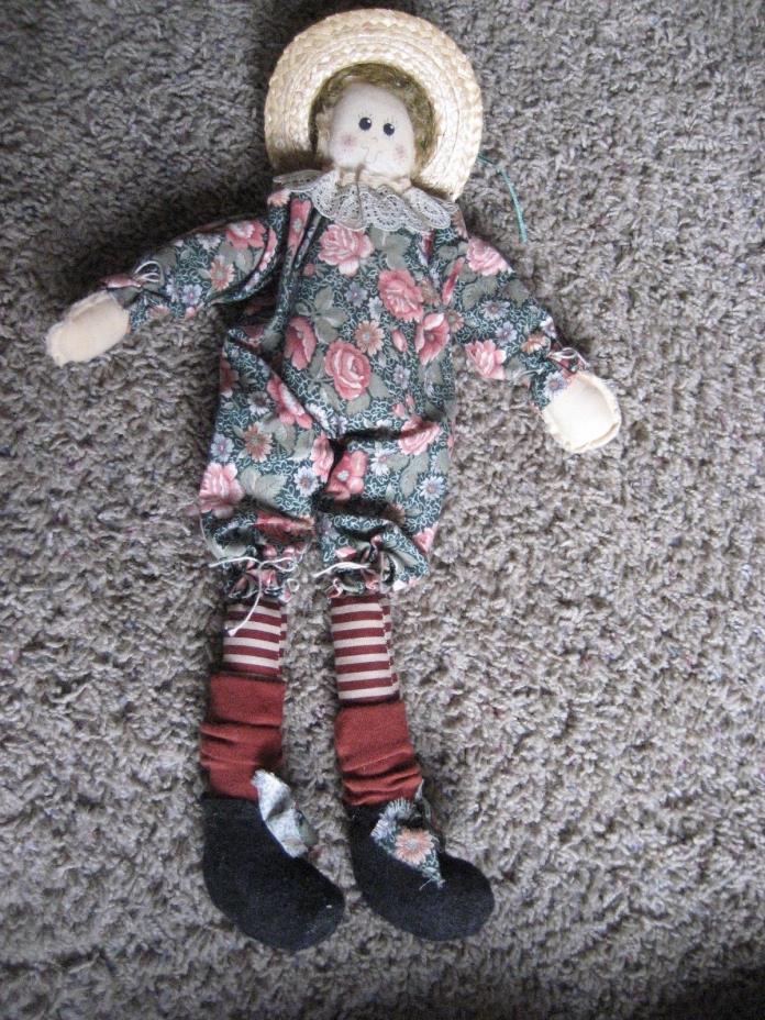 15 inch Country Rag Doll, Straw Hat & Flowered Jump Suit