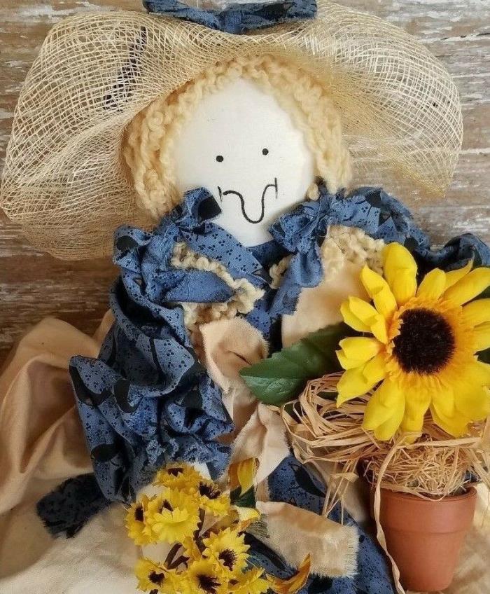 Country Rag Cloth Doll Crow Fabric Sun Flower Pot VTG Primitive Farm House Decor