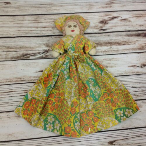 Vintage 70s Handmade Floral Print Dress Plush Doll Ragdoll