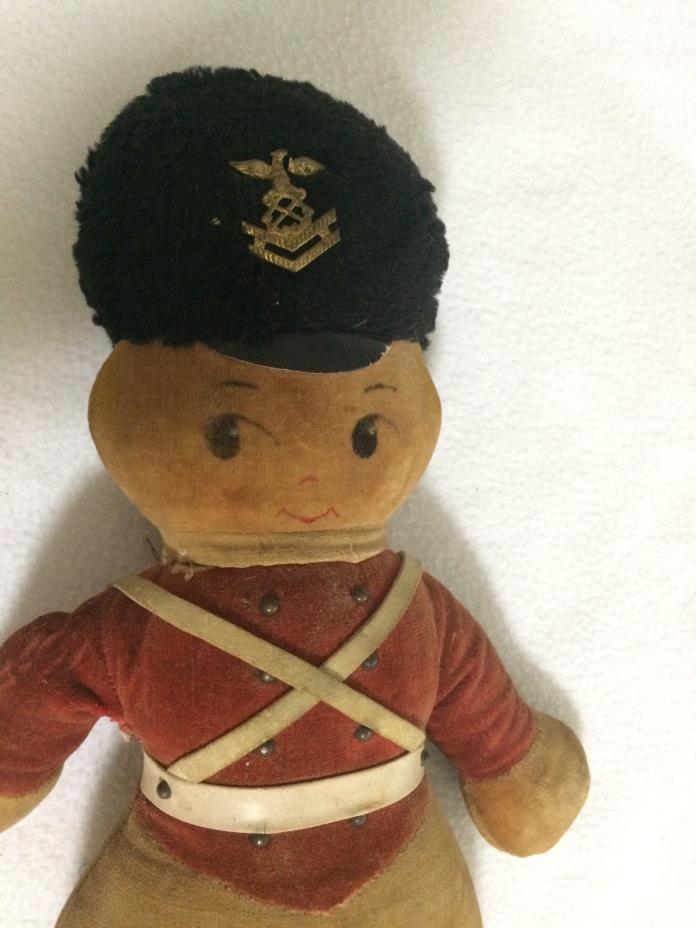 Vintage 1865-1955 Cloth Toy Soldier Eagle Emblem Army Doll Fabric Wood Sole