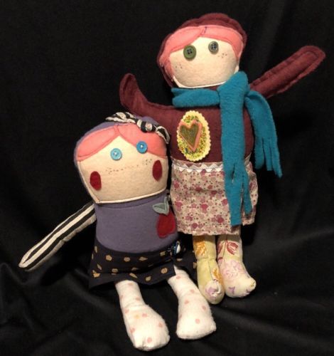 Pair of Handmade Rag Dolls FELT Flannel FABRIC Button Eyes FOLK ART Primitive