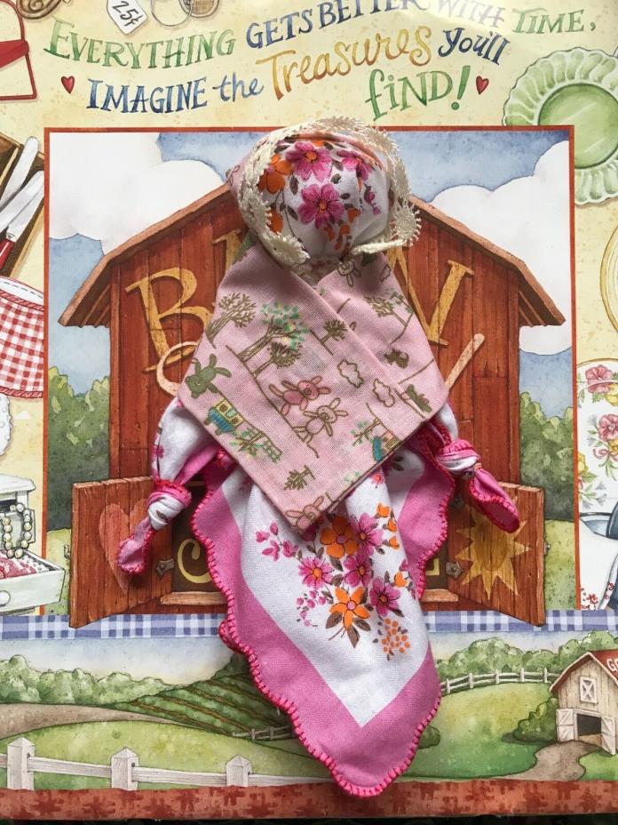 Old fashion Wagon trail pink and white pioneer handkerchief rag doll