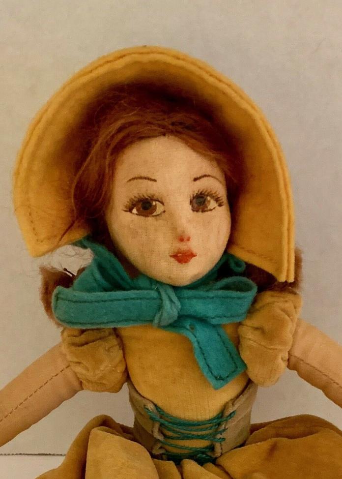 Vintage cloth doll painted face velvet dress felt hat yellow blue 11