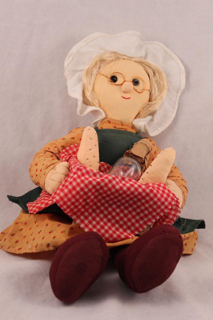 FOLK ART CLOTH DOLL BONNET GRANDMA WITH BREAD & WINE SHELF SITTER