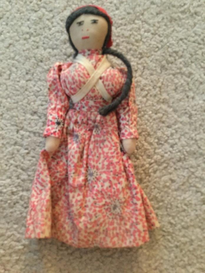 Handmade Cloth Peasant Girl Doll Hand Embroidery Face White Dress Pink Flowers