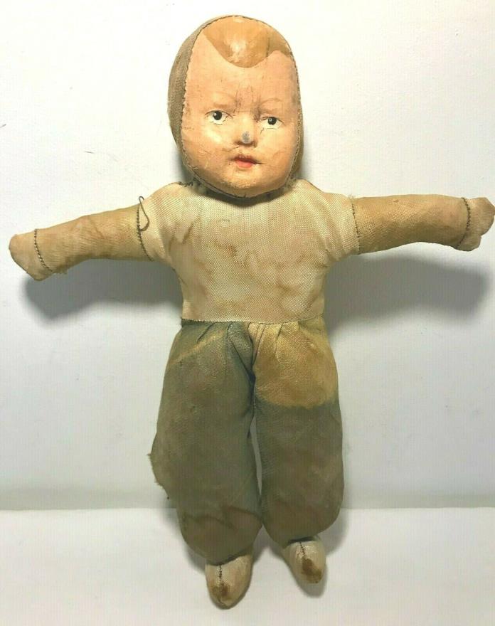 Vintage Handmade 1920s? Composition? Hay Stuffed Cloth Boy Doll 11