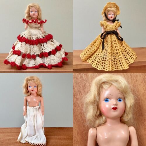 Vintage 40s 50s Blonde Mohair 7” Composition Doll 2 Crochet Dress Outfits Bonnet