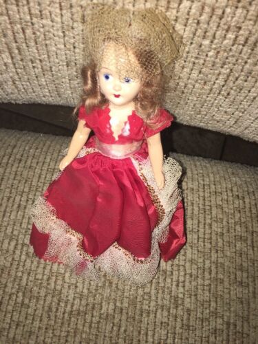Doll Vintage Hard Plastic  Mohair Wig Painted Eyes Jointed Strung Red Dress