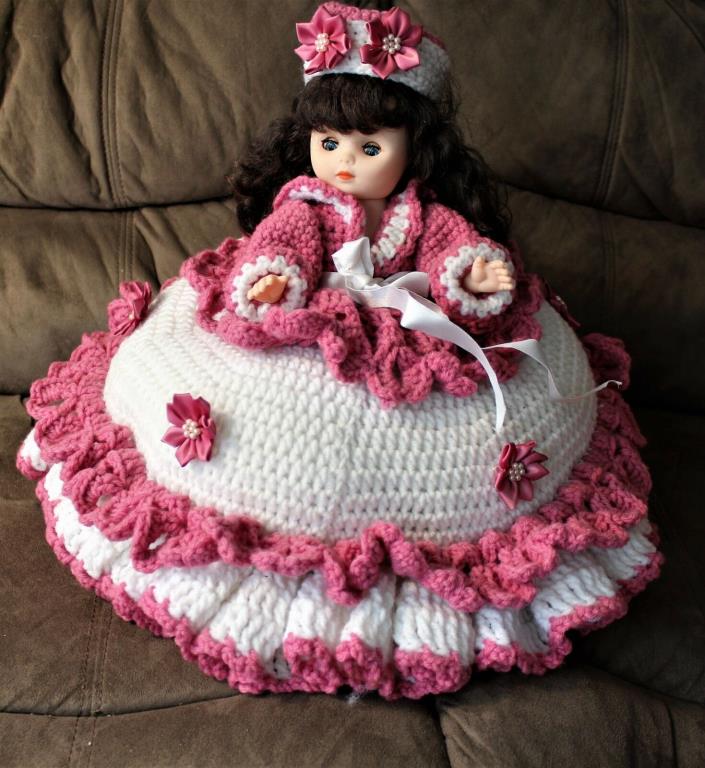 VINTAGE Hand-Crocheted Large DOLL with Hat, 11
