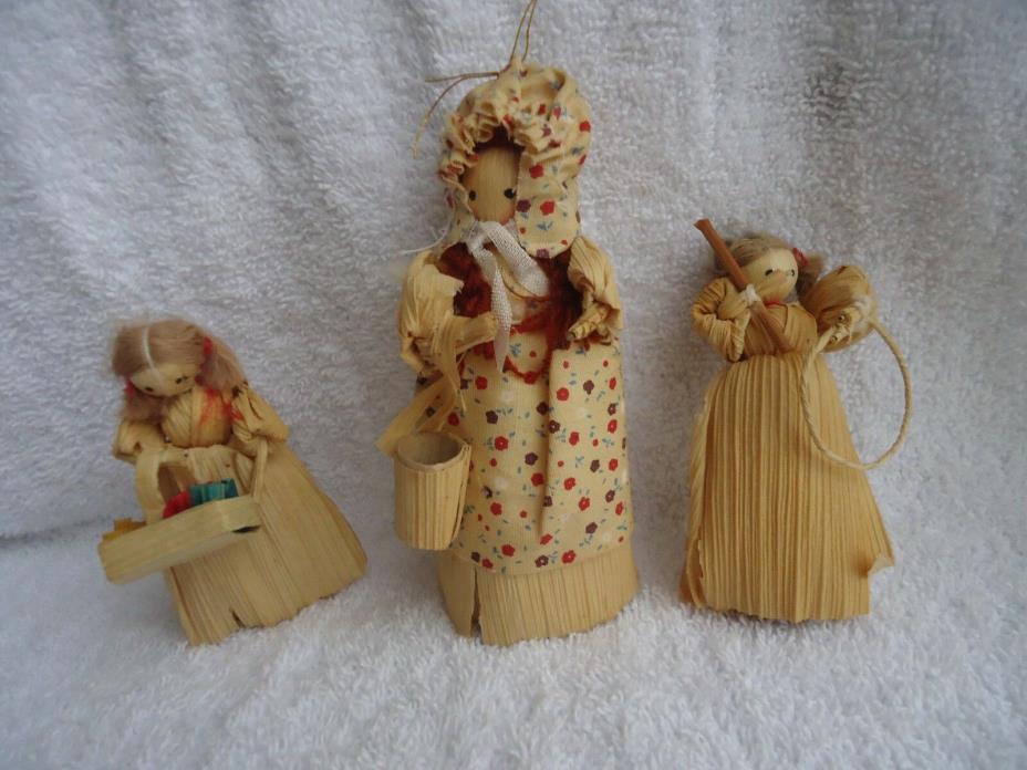 3-Vintage Corn Husk Doll Christmas Ornaments