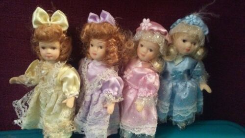 4 Miniature Tiny Porcelain Dolls Size 3-1/2 By 1-1/2 Inches