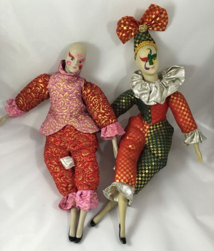 Creations Porcelain Jester Clown Harlequin Dolls Set of 2 Sugar Loaf 15in 18in