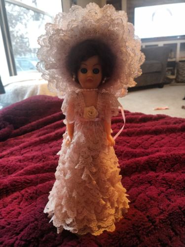 Vintage Handcrafted Victorian Doll, pink lace, 1980s, pearls, plantation lady