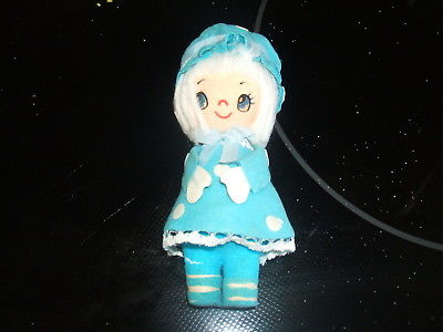Vintage Little Felt Doll  Blue Hand Painted Face  