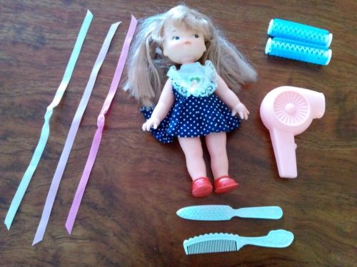 Vintage 1980's Doll W/Dress, Panties, Shoes, Dryer, Curlers, Brush, Comb, Ribbon