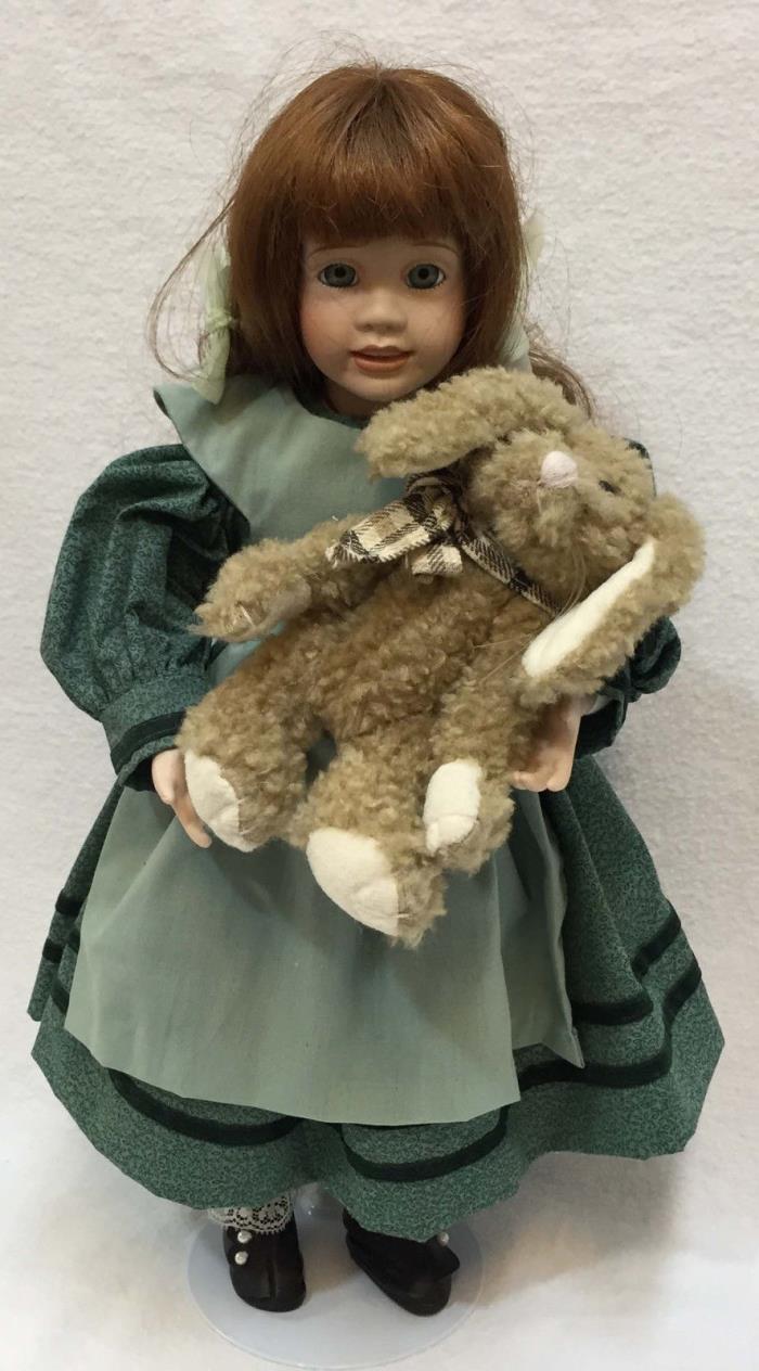 Porcelain Doll Wendy Lawton Girl Holding Boyds Bear Bunny Auburn Hair Stand 15