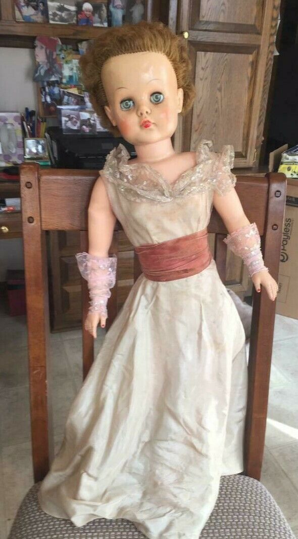 Vintage Doll Satin Lace Dress 28” Tall Rubber Doll