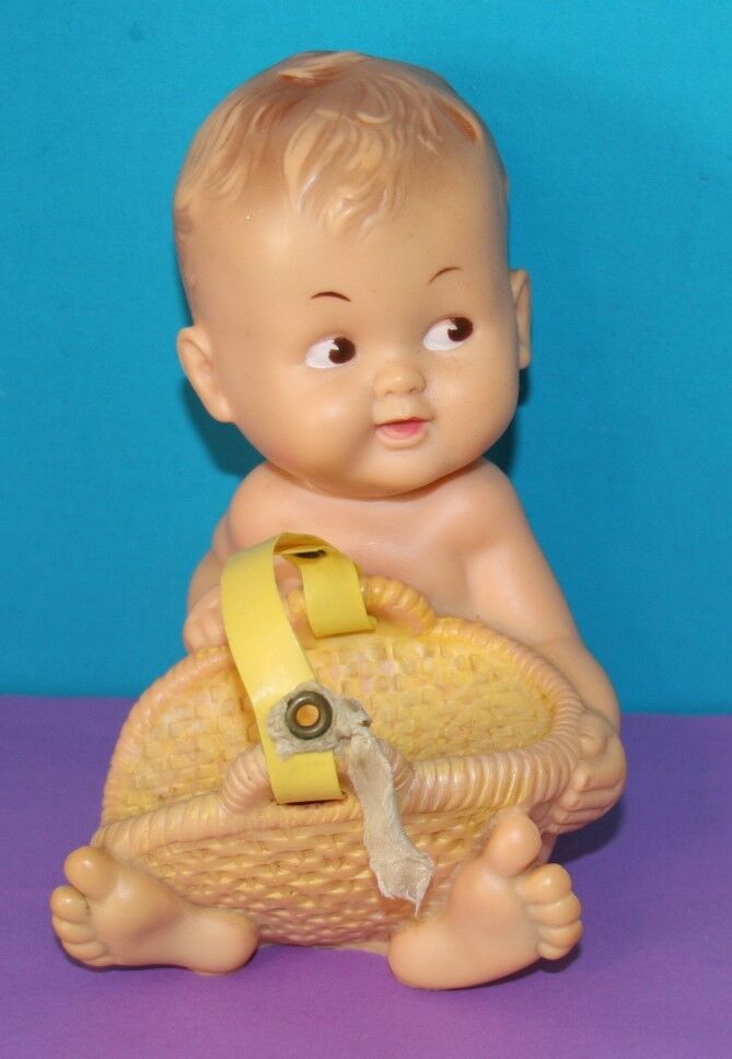 Vintage 1956 Bonnytex RUBBER Baby Doll w/ YELLOW BASKET 