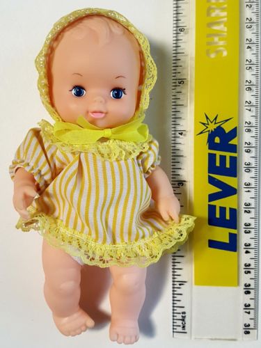 Vintage 1985 CITITOY 6” Vinyl Baby Girl Doll Yellow Dress and Bonnet RARE