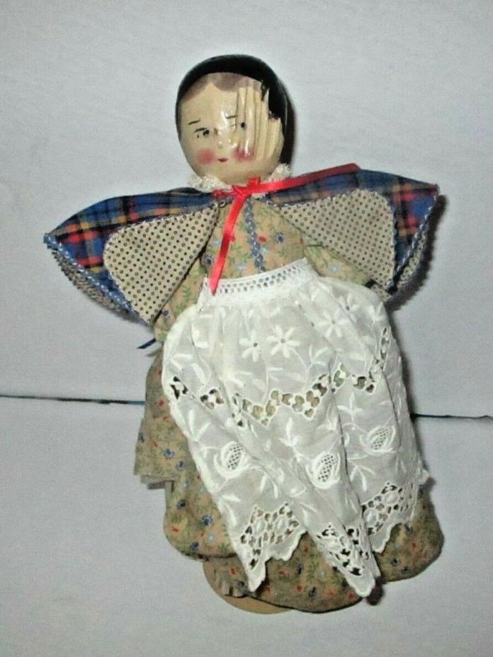 Antique Grodnertal Peg Wood Doll with Elaborate Vintage Outfit Dress Lace Apron