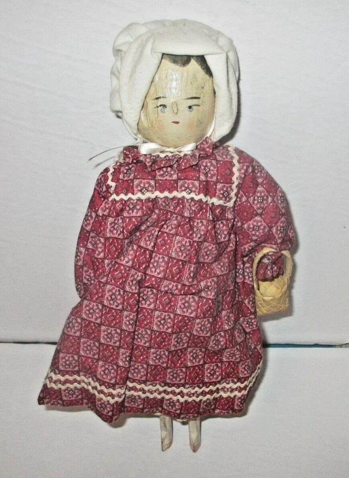 Antique Grodnertal Peg Wood Doll with Vintage Dress Eyelet Lace Pantaloons