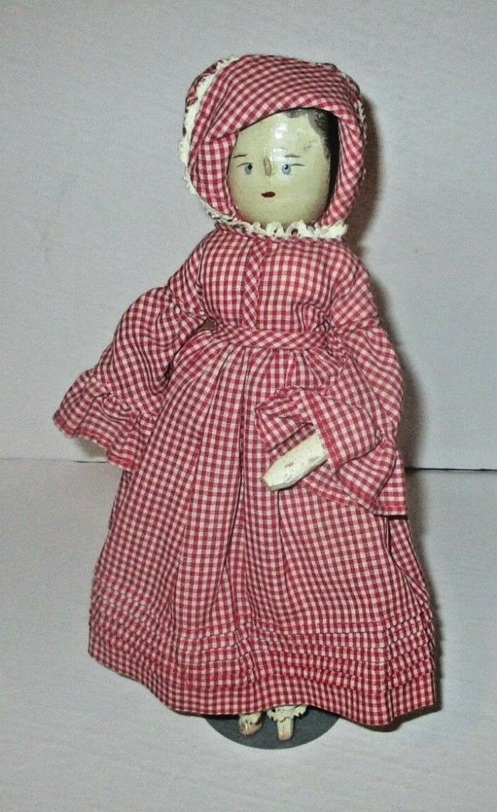 Antique Grodnertal Peg Wood Doll Vintage Gingham Dress Embroidered Lace by Tutu