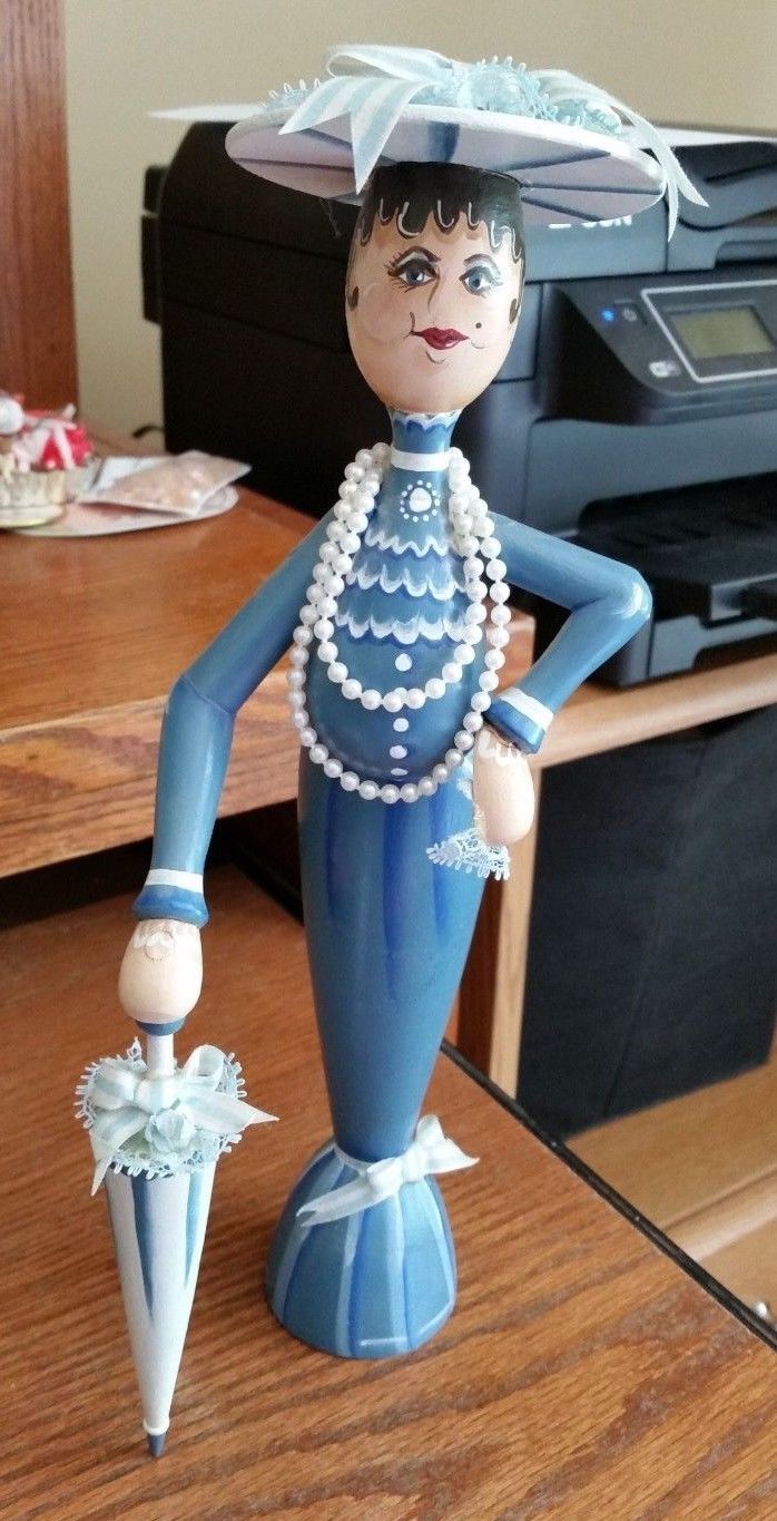 Hand Painted Wooden Victorian Lady Doll w/Parasol -Blue