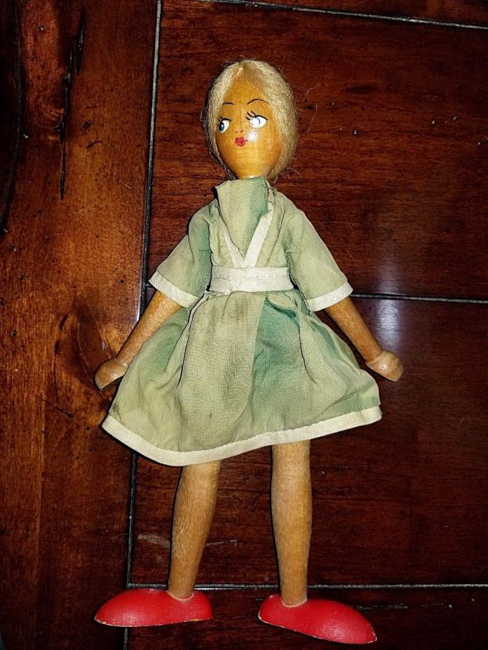 Antique, Wood, Hand Painted 7-1/2” Polish Made Jointed Doll Grandma Gromada