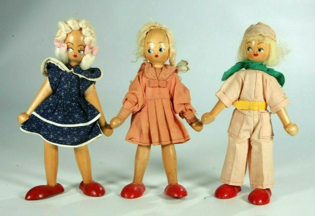 Vintage 1940s Wooden Peg Dolls Penny Doll Amish Souvenir Made In Poland Lot Of 3