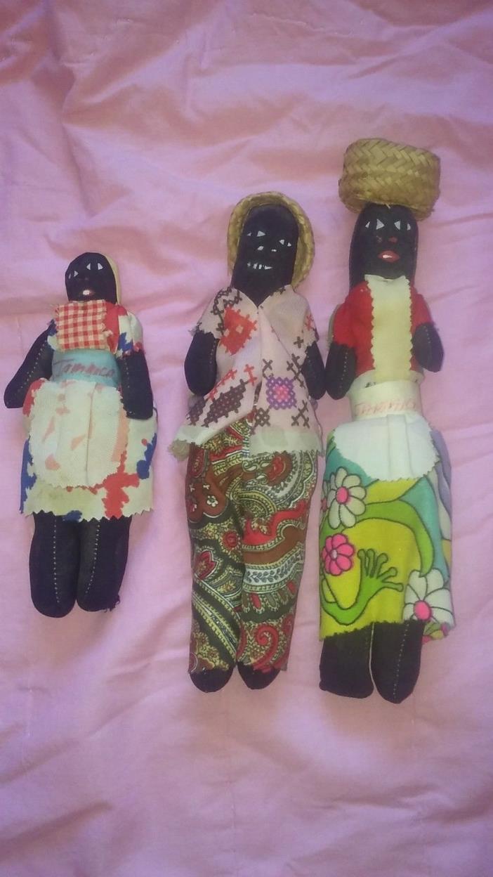 3 Antique Vintage Jamaica Handmade Tourist Cloth Dolls