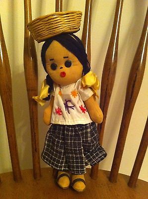 vintage  handcrafted female doll with basket on head Guatemala Foreign Country