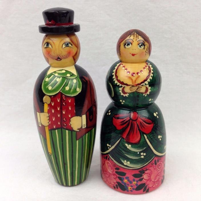 Hand Painted Wood Spindle Dolls Man & Woman Figure European Christmas Decorative