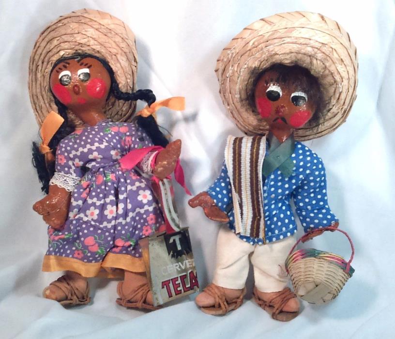 A Set Male and Female Mexican Handmade Painted Vintage Unique Oil Cloth