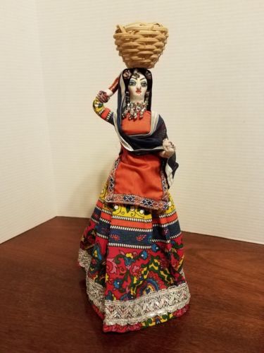 Vintage Cloth Doll Dressed in Ethnic Clothing From India w/ basket on Head jewel