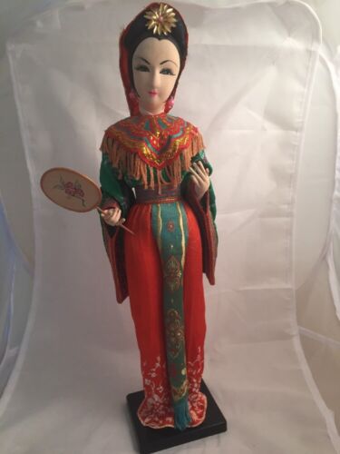 Big Eyed Stockinette Boudoir Asian Doll Unmarked On Plastic Base Geisha Doll
