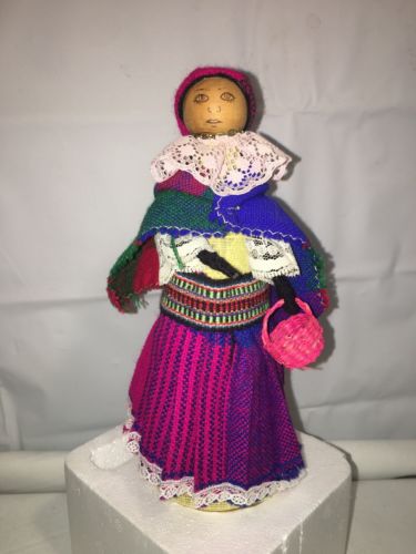 Small Pink Red Blues Folk Art Doll, Ecuador Handmade Wood Head