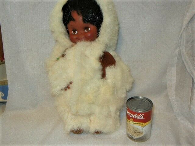 VINTAGE ESKIMO INUIT DOLL FUR LEATHER SLEEPING EYES 14