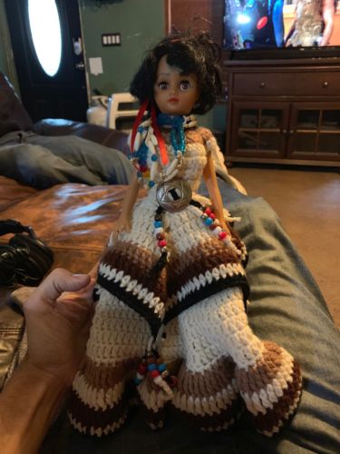 Vintage Native American Indian Girl Doll Handmade Crochet Dress