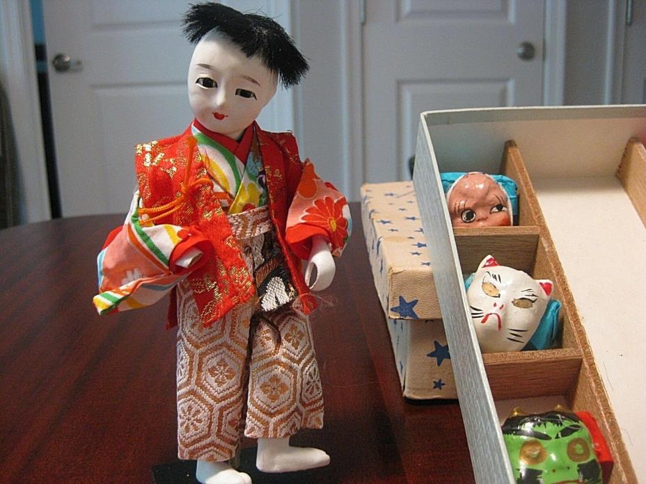 Vintage OKAGURANINGYO Doll w/ 6 Masks Japanese Traditional Mask Dance Doll