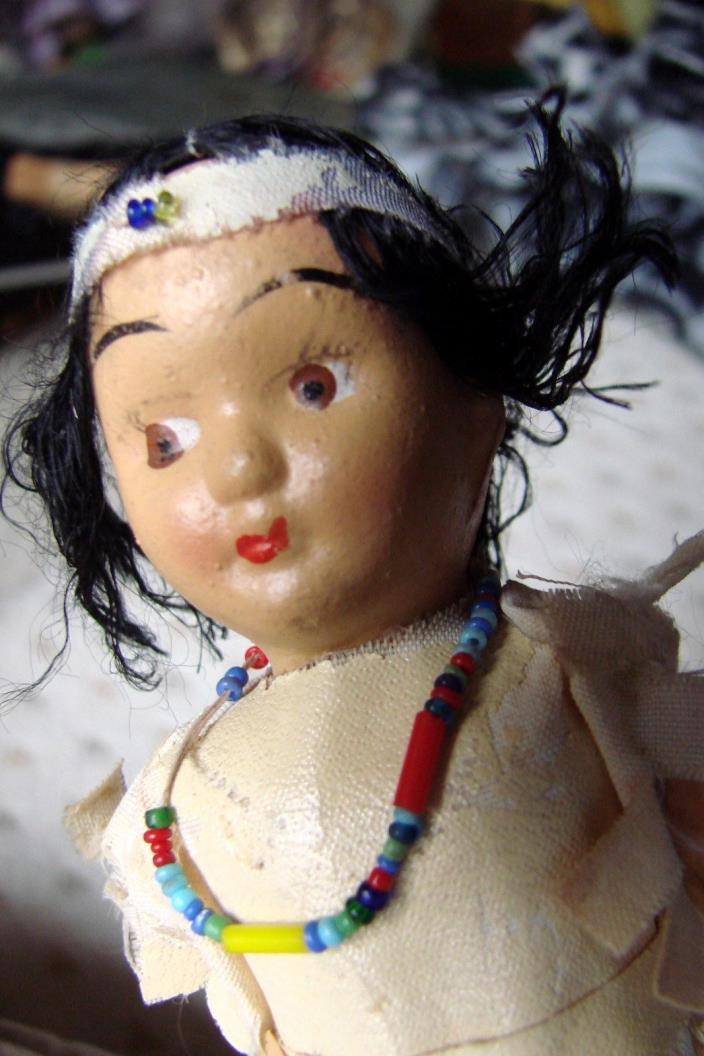 ANTIQUE CELULOID INDIAN DOLL-ALL ORIGINAL-OLD LEATHER-OLD BEADS-GOOD COND.